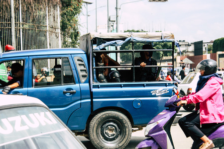 Kathmandu Nepal August 26, 2018 View of traffic jam in the street at Thamel district in Kathmandu in...