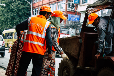 Kathmandu Nepal August 26, 2018 View of unknowns Nepali worker cleaning the street at Thamel district in Kathmandu in the afternoonのeditorial素材