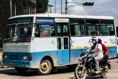 Kathmandu Nepal August 26, 2018 View of Nepali local bus in the street at Thamel district in Kathmandu in the afternoonのeditorial素材