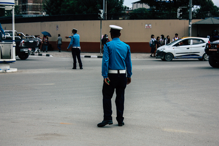 Kathmandu Nepal August 26, 2018 View of Nepali traffic police working in the middle of the street at...