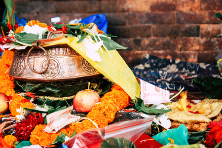 Kathmandu Nepal August 27, 2018 Closeup of various objects for a religious ceremony inside the Pashupatinath temple in the morningのeditorial素材