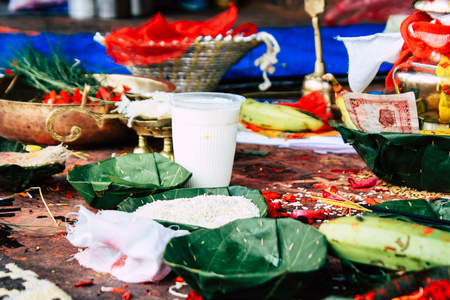 Kathmandu Nepal August 27, 2018 Closeup of various objects for a religious ceremony inside the Pashupatinath temple in the morningのeditorial素材