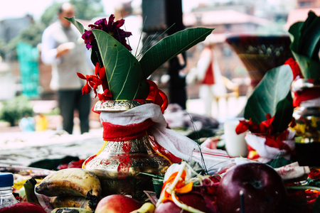 Kathmandu Nepal August 27, 2018 Closeup of various objects for a religious ceremony inside the Pashupatinath temple in the morningのeditorial素材