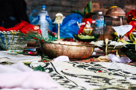 Kathmandu Nepal August 27, 2018 Closeup of various objects for a religious ceremony inside the Pashupatinath temple in the morningのeditorial素材