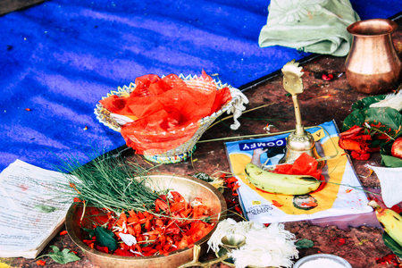 Kathmandu Nepal August 27, 2018 Closeup of various objects for a religious ceremony inside the Pashupatinath temple in the morningのeditorial素材