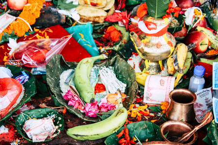 Kathmandu Nepal August 27, 2018 Closeup of various objects for a religious ceremony inside the Pashupatinath temple in the morningのeditorial素材
