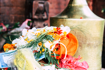 Kathmandu Nepal August 27, 2018 Closeup of various objects for a religious ceremony inside the Pashupatinath temple in the morningのeditorial素材
