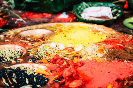 Kathmandu Nepal August 27, 2018 Closeup of various objects for a religious ceremony inside the Pashupatinath temple in the morningのeditorial素材