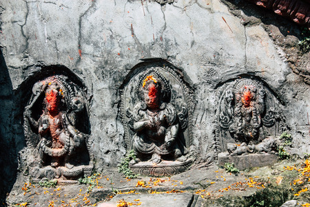 Kathmandu Nepal August 27, 2018 Closeup of a place of worship inside the Pashupatinath temple in the...