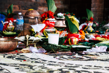 Kathmandu Nepal August 27, 2018 Closeup of various objects for a religious ceremony inside the Pashupatinath temple in the morningのeditorial素材