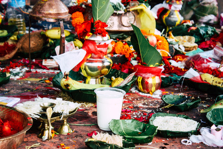 Kathmandu Nepal August 27, 2018 Closeup of various objects for a religious ceremony inside the Pashupatinath temple in the morningのeditorial素材