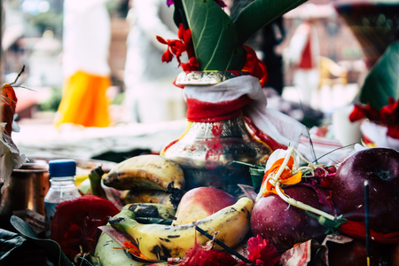 Kathmandu Nepal August 27, 2018 Closeup of various objects for a religious ceremony inside the Pashupatinath temple in the morningのeditorial素材