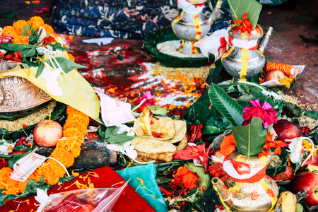 Kathmandu Nepal August 27, 2018 Closeup of various objects for a religious ceremony inside the Pashupatinath temple in the morningのeditorial素材