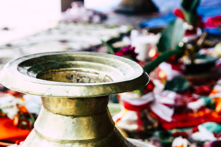 Kathmandu Nepal August 27, 2018 Closeup of various objects for a religious ceremony inside the Pashupatinath temple in the morningのeditorial素材