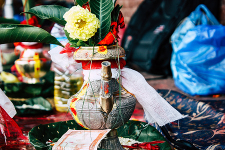 Kathmandu Nepal August 27, 2018 Closeup of various objects for a religious ceremony inside the Pashupatinath temple in the morningのeditorial素材