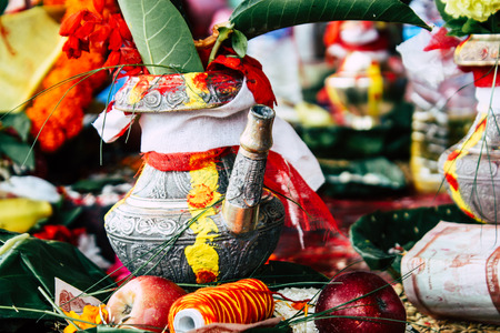 Kathmandu Nepal August 27, 2018 Closeup of various objects for a religious ceremony inside the Pashupatinath temple in the morningのeditorial素材