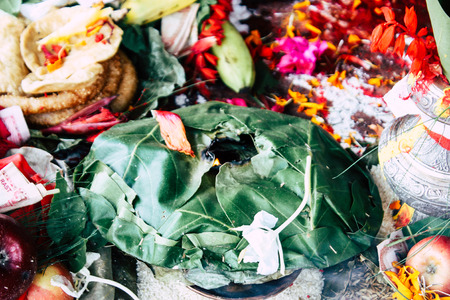 Kathmandu Nepal August 27, 2018 Closeup of various objects for a religious ceremony inside the...