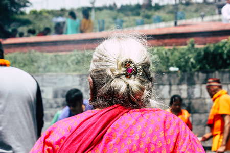 Kathmandu Nepal August 27, 2018 View of unknowns Hindu people making the fire ceremony inside the Pashupatinath temple in the morningのeditorial素材