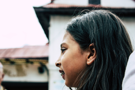Kathmandu Nepal August 27, 2018 Portrait of unknown Hindu kid visiting the Pashupatinath temple in the morningのeditorial素材