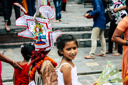 Kathmandu Nepal August 27, 2018 Portrait of unknown Hindu kid visiting the Pashupatinath temple in the morningのeditorial素材