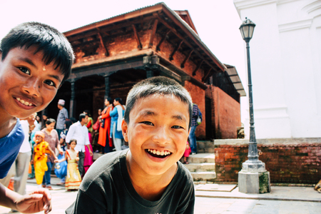 Kathmandu Nepal August 27, 2018 Portrait of unknown Hindu kid visiting the Pashupatinath temple in the morningのeditorial素材
