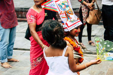 Kathmandu Nepal August 27, 2018 Portrait of unknown Hindu kid visiting the Pashupatinath temple in the morningのeditorial素材