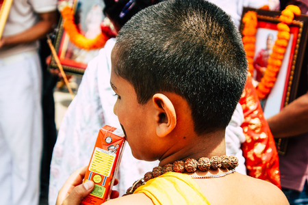 Kathmandu Nepal August 27, 2018 Portrait of unknown Hindu kid visiting the Pashupatinath temple in the morningのeditorial素材