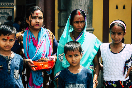 Kathmandu Nepal August 27, 2018 Portrait of unknown Hindu kid visiting the Pashupatinath temple in the morningのeditorial素材