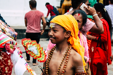 Kathmandu Nepal August 27, 2018 Portrait of unknown Hindu kid visiting the Pashupatinath temple in...