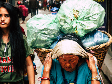 Kathmandu Nepal August 31, 2018 View of unknowns Nepali people walking between Durbar square and Thamel district in Kathmandu in the afternoonのeditorial素材