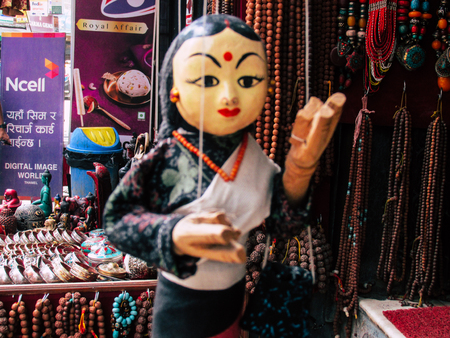 Kathmandu Nepal August 31, 2018 Closeup of decorative objects sold in a souvenirs shop at Thamel...