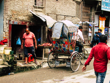 Kathmandu Nepal August 31, 2018 View of a unknown Nepali people driving a local touk touk at Thamel...