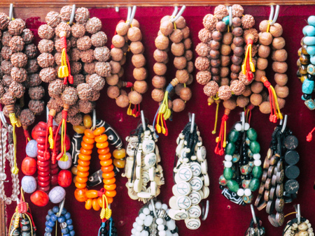 Kathmandu Nepal August 31, 2018 Closeup of decorative objects sold in a souvenirs shop at Thamel district in Kathmandu in the afternoonのeditorial素材
