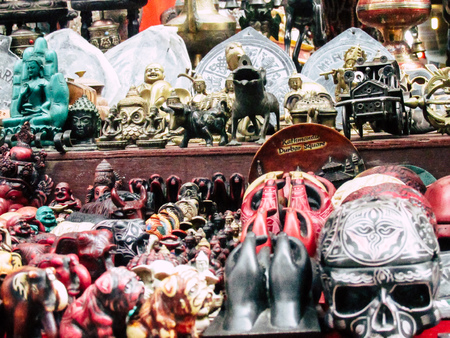 Kathmandu Nepal August 31, 2018 Closeup of decorative objects sold in a souvenirs shop at Thamel...