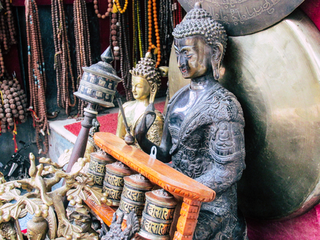 Kathmandu Nepal August 31, 2018 Closeup of decorative objects sold in a souvenirs shop at Thamel district in Kathmandu in the afternoonのeditorial素材
