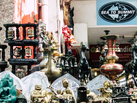 Kathmandu Nepal August 31, 2018 Closeup of decorative objects sold in a souvenirs shop at Thamel...