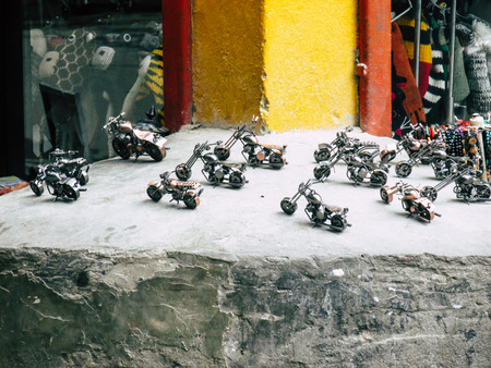Kathmandu Nepal August 31, 2018 Closeup of decorative objects sold in a souvenirs shop at Thamel district in Kathmandu in the afternoonのeditorial素材