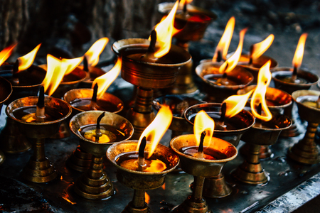 Kathmandu Nepal September 1, 2018 Closeup of candles burning front a temple at Durbar square in Kathmandu in the morningのeditorial素材