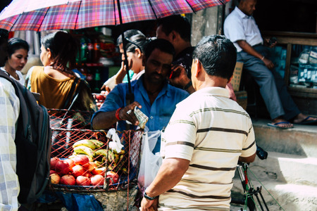 Kathmandu Nepal September 1, 2018 Closeup of a unknown Nepali people selling fruits at the street...
