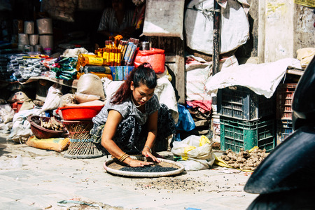 Kathmandu Nepal September 1, 2018 Closeup of a unknown Nepali people selling vegetables at the street vegetable market in Chhetrapati square in the morningのeditorial素材