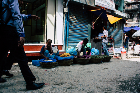 Kathmandu Nepal September 1, 2018 Closeup of a unknown Nepali people selling vegetables at the...