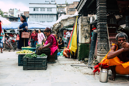 Kathmandu Nepal September 1, 2018 Closeup of a unknown Nepali people selling vegetables at the street vegetable market in Chhetrapati square in the morningのeditorial素材
