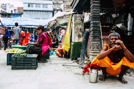 Kathmandu Nepal September 1, 2018 Closeup of a unknown Nepali people selling vegetables at the street vegetable market in Chhetrapati square in the morningのeditorial素材