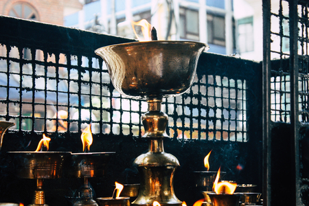 Kathmandu Nepal September 1, 2018 Closeup of candles burning front a temple at Durbar square in Kathmandu in the morningのeditorial素材