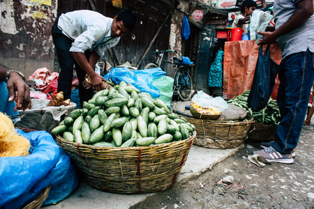 Kathmandu Nepal September 1, 2018 Closeup of a unknown Nepali people selling vegetables at the street vegetable market in Chhetrapati square in the morningのeditorial素材