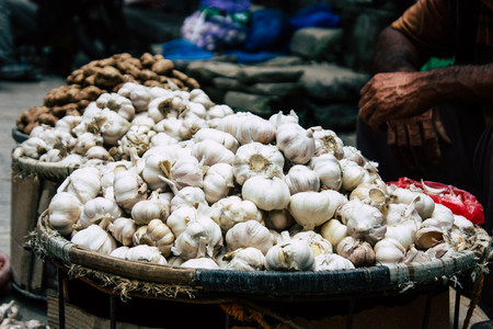 Kathmandu Nepal September 1, 2018 Closeup of a unknown Nepali people selling vegetables at the street vegetable market in Chhetrapati square in the morningのeditorial素材