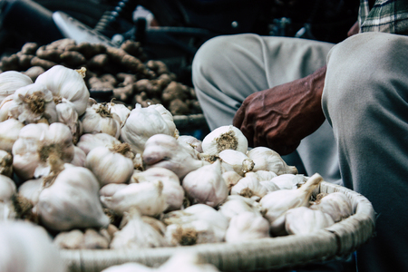 Kathmandu Nepal September 1, 2018 Closeup of a hand of a unknown Nepali people selling vegetables at the street vegetable market in Chhetrapati square in the morningのeditorial素材