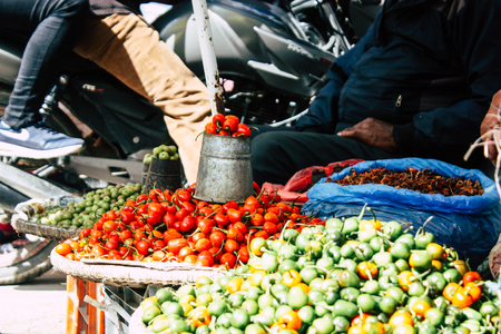 Kathmandu Nepal September 1, 2018 Closeup of a unknown Nepali people selling vegetables at the street vegetable market in Chhetrapati square in the morningのeditorial素材