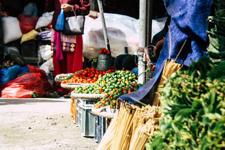 Kathmandu Nepal September 1, 2018 Closeup of a unknown Nepali people selling vegetables at the street vegetable market in Chhetrapati square in the morningのeditorial素材