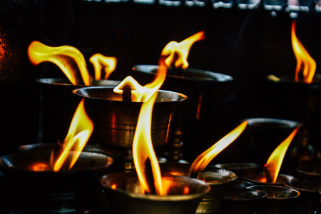 Kathmandu Nepal September 1, 2018 Closeup of candles burning front a temple at Durbar square in Kathmandu in the morningのeditorial素材